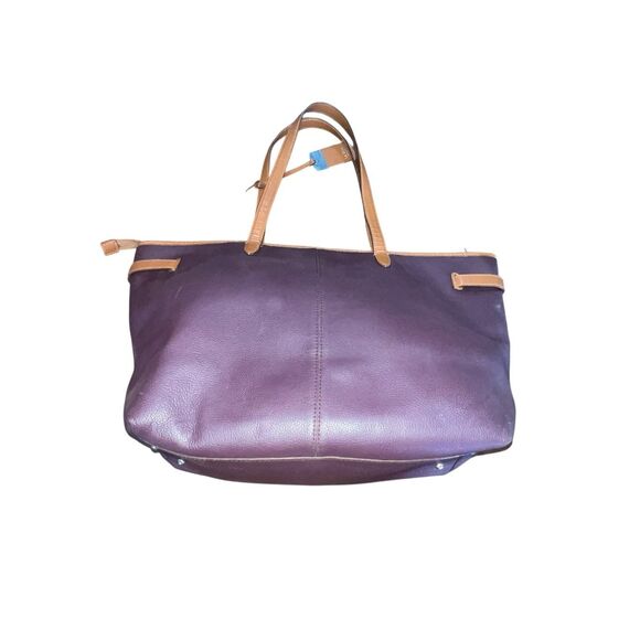 Lauren Ralph Lauren plum purple Leather & Brown Trim Tote Handbag carry all - Picture 2 of 10
